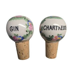 Vintage Porcelain Cork Liquor Bottle Stopper Japan Set of 2 GIN & Chartreuse